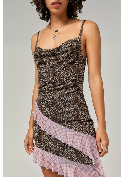 Nature The Brand Leopar Desenli Asimetrik Kesim Mini Elbise Leopar