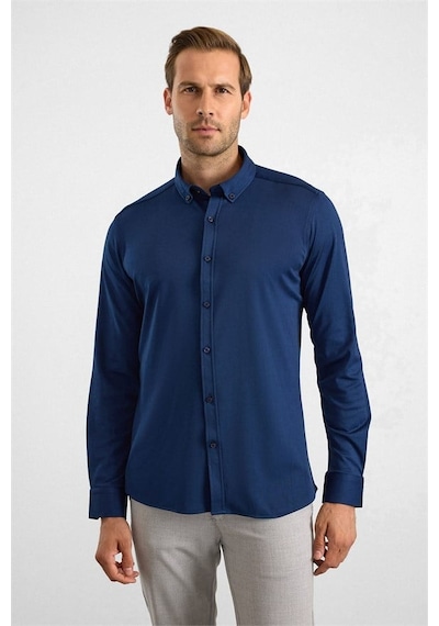 Süvari Lacivert Slim Düğmeli Yaka Manşetli Casual Gömlek Sgm2025500003-m09