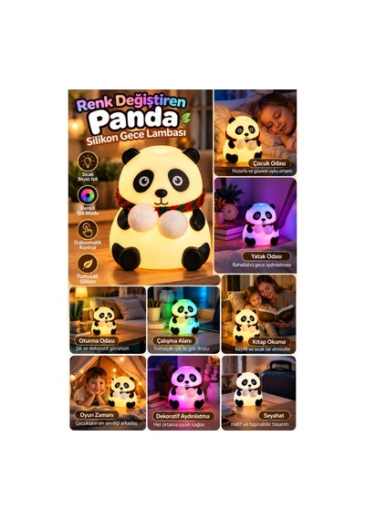 Sevimli Panda Silikon Gece Lambası Renkli Işık Modu Dokunmatik Kontrollü Aydınlatma . 43933288