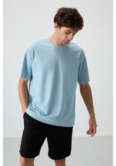 Air Jones Tommy Life Açık Mavi Pamuklu Kalın Yüzeyi Dokulu Oversize Fit Baskılı Erkek T-shirt - 88364 Açik Mavi