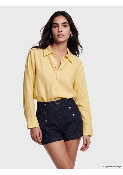 Lcw Vision Sarı Keten Karışımlı Oversize Kadın Gömlek