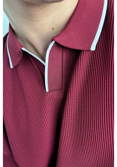 Erkek Oversize Selanik Polo Yaka Triko T-shirt Bordo