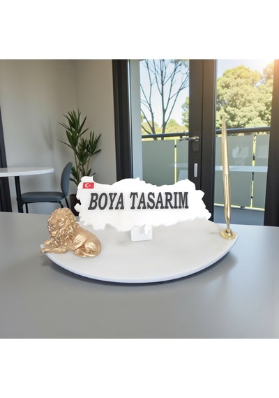Doğal Beyaz Mermer Masa Ofis İsimlik Kalem Ve Aslanlı