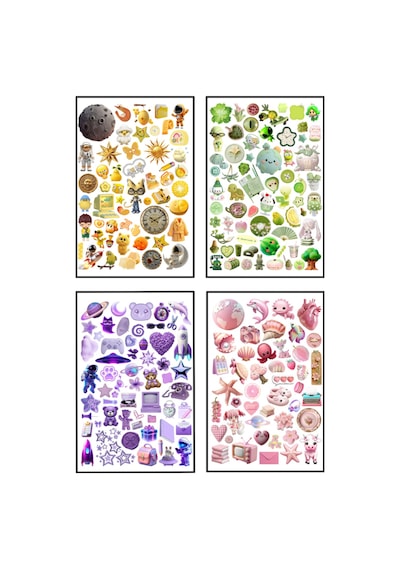 219 Adet 4 Sayfa Pembe, Mor, Sarı Ve Yeşil Renklerde Sticker Seti - Etiket Seti Scrapbook Bullet Journal Çok Renkli