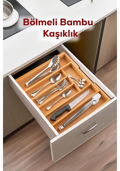 5+2 Bölmeli Bambu Kaşıklık Çekmece İçi Kaşıklık Yandan Açılır +2 Bölmeli Kaşıklığı Doğal Bambudan El Diğer