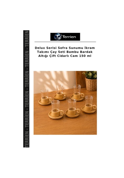 Delux Serisi Sofra Sunumu İkram Takımı Çay Seti Bambu Bardak Altığı Çift Cidarlı Cam 150 Ml Şeffaf