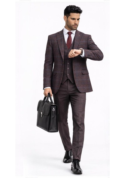 Fabio Cassel Slim Fit Mono Yaka Çift Yırtmaçlı Astarlı Takım Elbise Yelekli Bordo