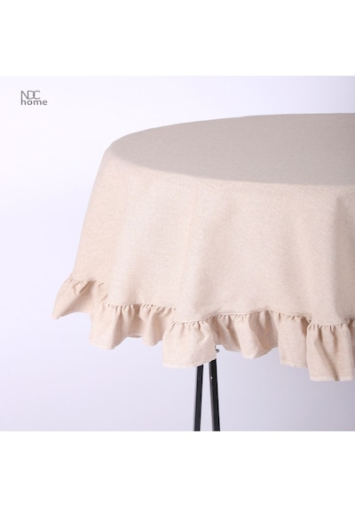 Dnc Home Tekstil  Bej Keten Yuvarlak Fırfırlı Masa Örtüsü