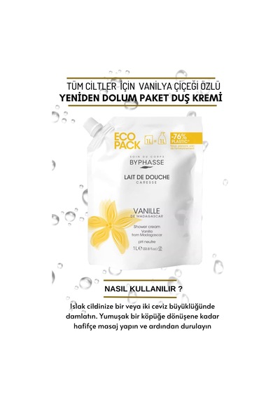 Byphasse Caresse Vanilya Çiçeği Özlü Kremli Duş Jeli Ekonomik Yeniden Dolum Paketi 1 L