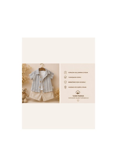 Omeca Concept Erkek Bebek Gömlek Şort Atlet Takımı 3'lü Yazlık Pamuklu Bebek Takımı gri