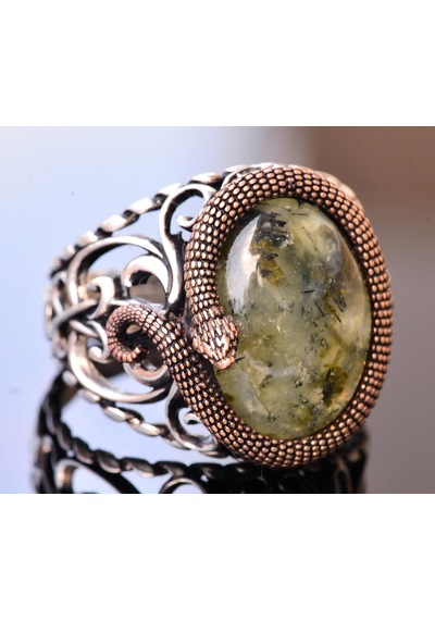 925 Ayar Katı Gümüş Erkek Yüzük Doğal Taşlarla - El Yapımı Şıklık Prehnite Jade Taşı Gümüş