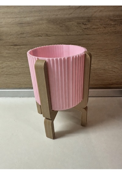 3d Baskı Ayaklı Çizgili Saksı - Bej Standlı Dekoratif Saksı - Pembe