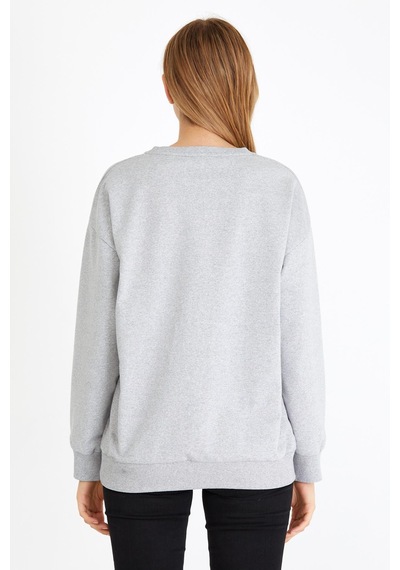 Kadın Gri Renk Basic Bisiklet Yaka Sweatshirt Gri