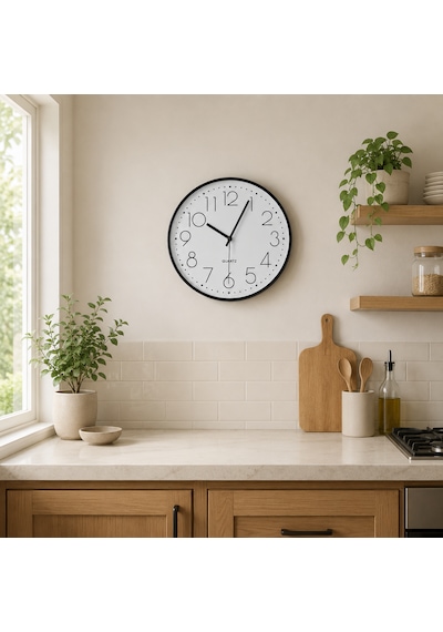 Modern Minimalist Beyaz Duvar Saati Siyah Çerçeveli Şık Mutfak Ve Salon Saati