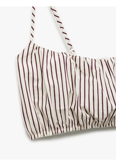 Koton Koton X Melis Ağazat - İp Askılı Gabardin Büzgülü Çizgili Kare Yaka Crop Bluz Bordo Çizgili 5sak30053uw Bordo Çizgili