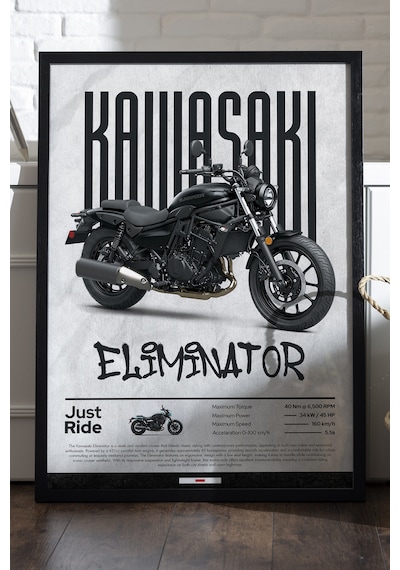 Kawasaki Eliminator Siyah Ahşap Çerçeveli Poster, Dekoratif Motosiklet Duvar Tablosu