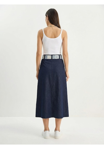 Shade Kadın Yırtmaç Detaylı Desenli Saten Kemerli Midi Boy Denim Etek 7512 60283934 - Lacivert