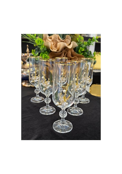 6 Adet Bohemia Kristal Gold Yaldızlı İnci Broşlu Kahve Yanı Su Bardağı Kadeh Altın
