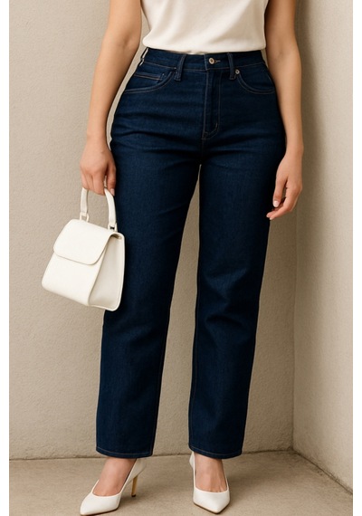 Cedy Denim Cedy Denım - Kadın Büyük Benden Boru Paça Yüksek Bel Regular Fit Likralı Pantolon C626 Lacivert