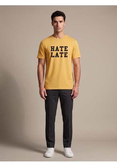 Maccali Erkek Sarı Hate Late Baskılı Bisiklet Yaka Bol Kesim Tişört