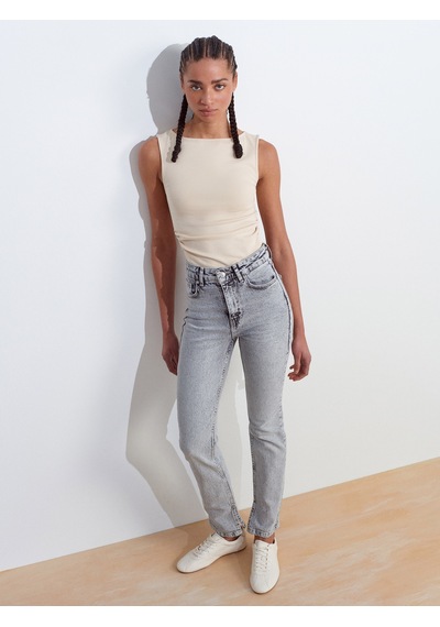 Dilvin 71793 Yanı Yırtmaçlı Comfort Likra Denim Pantolon-gri Gri