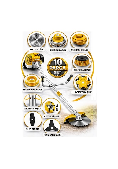 Dragro German Drg-10 + Yan Tipi Benzinli Ot Çalı Çim Biçme Tırpanı + Full Set Hediyeli S