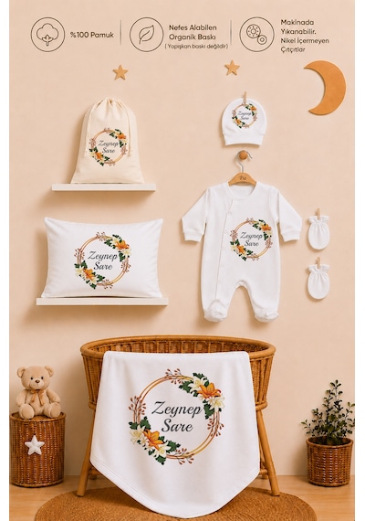 Pia Baby Kız Bebek Yeni Doğan Hastane Çıkışı %100 Pamuk İsme Özel Tulum Seti Battaniye Yastık Kılıfı Kese 1118tybkyx Krem
