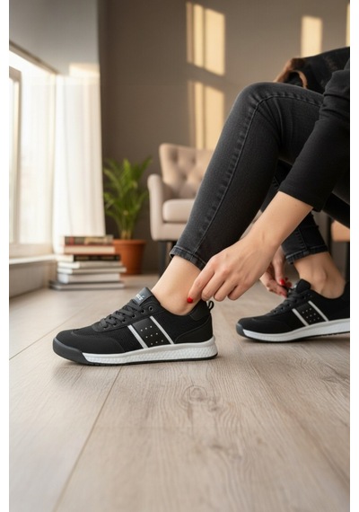Enoch Erkek Günlük Spor Ayakkabı Nokta Detaylı Sneaker Fileli Hafif Taban Yürüyüş Modeli Siyah