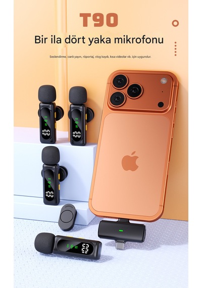 Kablosuz 4 Adet Tüylü Yaka Mikrofonu Apple iPhone Uyumlu  Type-c Pc Tablet Video Kayıt Vlog Lightning Usb-c Çıkış