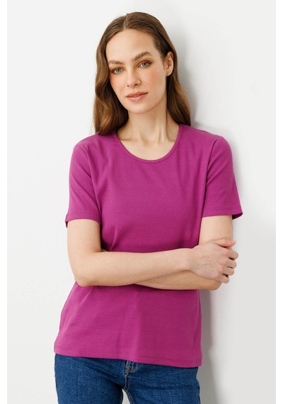 Kadın Sıfır Yaka Kısa Kol Pamuk Kaşkorse T-shirt Sıklamen pembe