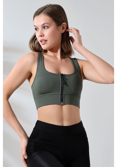 EMFURE Haki Fermuarlı Spor Büstiyer - Sports Bra / Crop Destekli Spor Sütyeni Haki