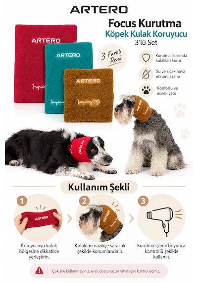 Artero Focus Kurutma Köpek Kulak Koruyucu 3'lü Set