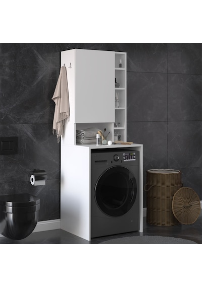 Asra Trend Çamaşır Makinesi Üstü Banyo Dolabı BD-02 %100 MDF Kapaklı Organizer Raf Beyaz