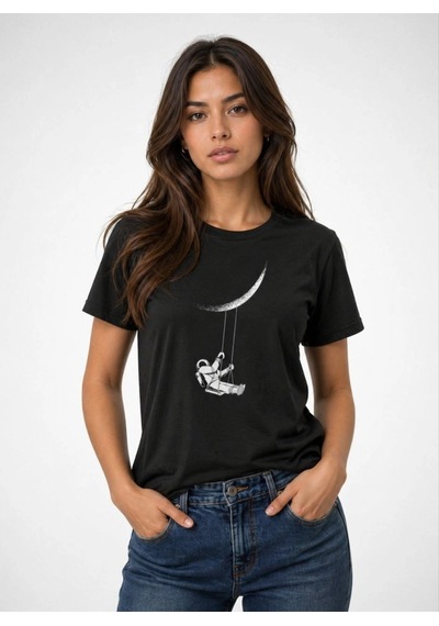 Wear Vexel Kadın Astronot Ay Temalı Tişört Kısa Kol Yazlık Bisiklet Yaka T-shirt - Siyah Siyah