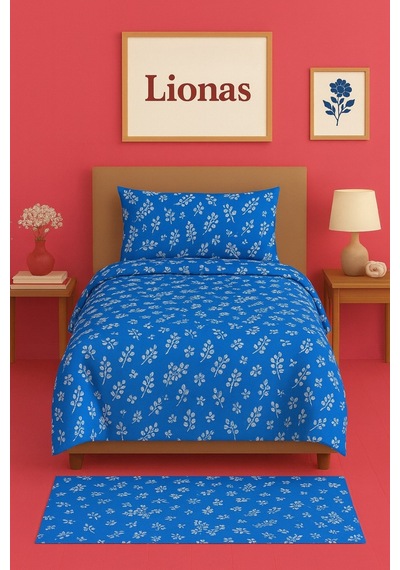 Lionas Tek Kişilik Desenli Nevresim + 1 Adet Kapaklı Yastık Kılıfı Lacivert
