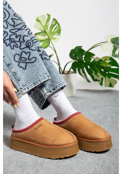 Polomia Comfort Winnipeg Kadın Winter Tazz İçi Suni Kürk Süet Poliüretan Taban Basic Günlük Bot Kışlık Terlik Camel