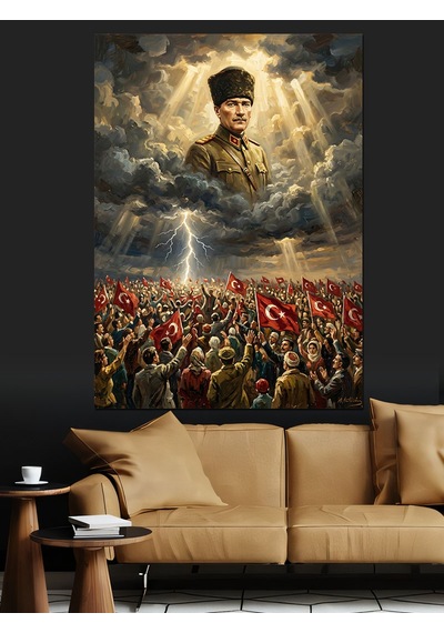 Kalabalık Üstünde Atatürk Işıklı Bulut Dekoratif Kanvas - Mdf Ahşap Tablo