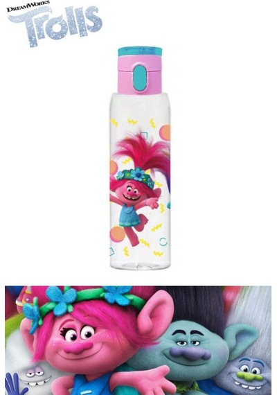 Flosoft Lisanslı Trolls Matara, Trolls Desenli Düğmeli Okul Suluğu, Sızdırmaz Öğrenci Suluk 500Ml