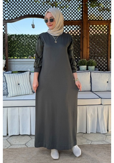 Rabia Şamlı Ebru Cupra Detaylı Triko Elbise Haki Normal