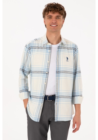 U.S. Polo Assn. Erkek Açık Mavi Ekoseli Uzun Kollu Krem Gömlek 50316632-VR256