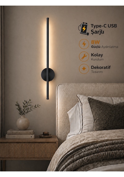 Flame Sarjlı Led Aplik 8w 3200k Gün Işığı 75cm Duvar Tipi /tablo Dekoratif Işık Siyah