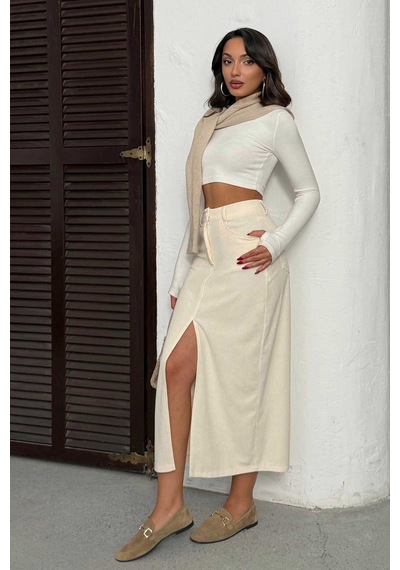 Verymoda Fitilli Kadife Etek F2033 Krem