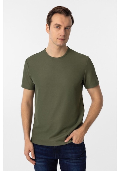 Süvari Koyu Haki Slim Fit Armürlü Bisiklet Yaka Tişört Koyu Haki