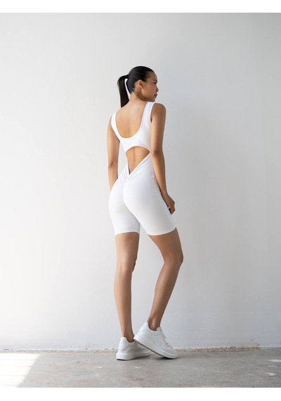 Lismina Arkası Büzgülü Scrunch Butt Spor Tayt Şort Tulum Beyaz