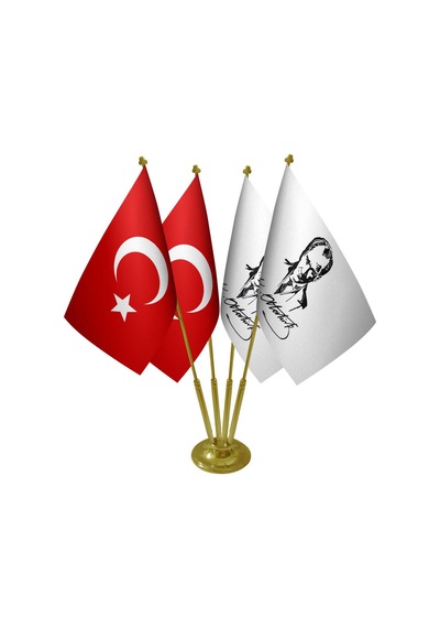Masa Üstü Atatürk İmzalı Bayrağı Türk Bayrağı Dörtlü Pirinç Direk