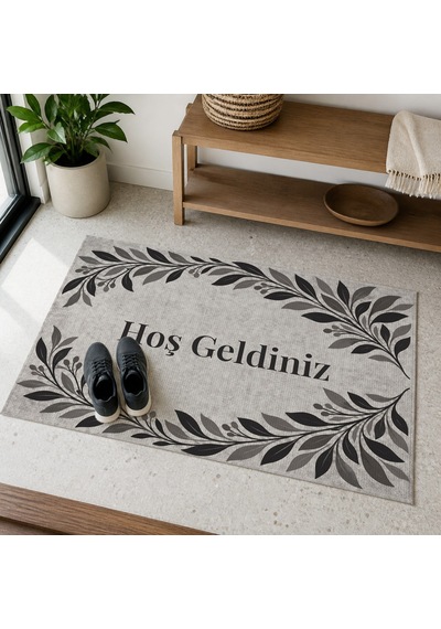 Kartela Halı Hoş Geldiniz Yazılı Yaprak Desenli Kapı Paspası Antrasit Kaymaz Kauçuk Taban 60x90 Cm