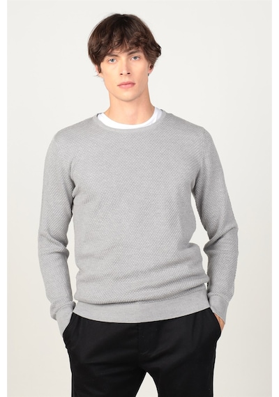 Tudors Slim Fit Dar Kesim Bisiklet Yaka Petek Desenli Erkek Kazak-1969 Gri