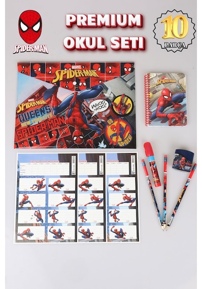 Lisanslı Spıderman 10 Parça Kırtasiye Seti,çıtçıt Dosya,okul Etiketi,bloknot,3 Adet Kurşun Kalem,kalemtraş,roket Silgi Altın