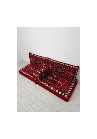 Sedir Deseni Şark Köşesi Takımı 70x190 Cm 4 Parça Dolu Set - Kırmızı Çökmeyen Sünger