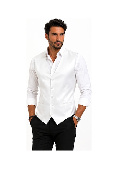 Mentor Regalo Erkek Yelek V Yaka Beyaz Saten Damatlık İçin Uygun 50310